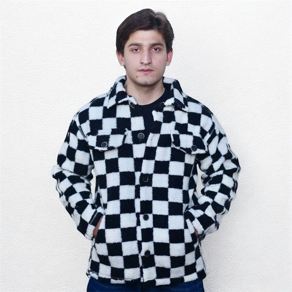 Bold Checker Sherpa Shirt Jacket - Black/White