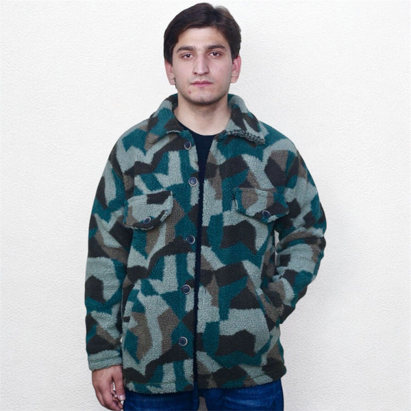 Premium Geometric Camo Sherpa Fleece Shirt Jacket