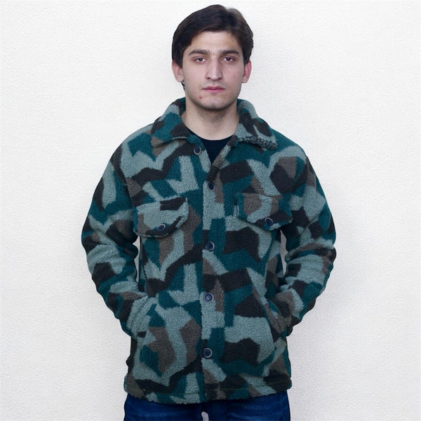 Premium Geometric Camo Sherpa Fleece Shirt Jacket