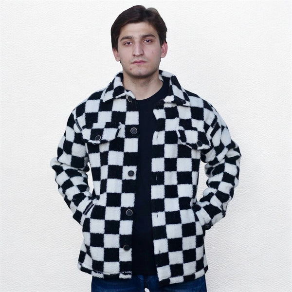 Bold Checker Sherpa Shirt Jacket - Black/White
